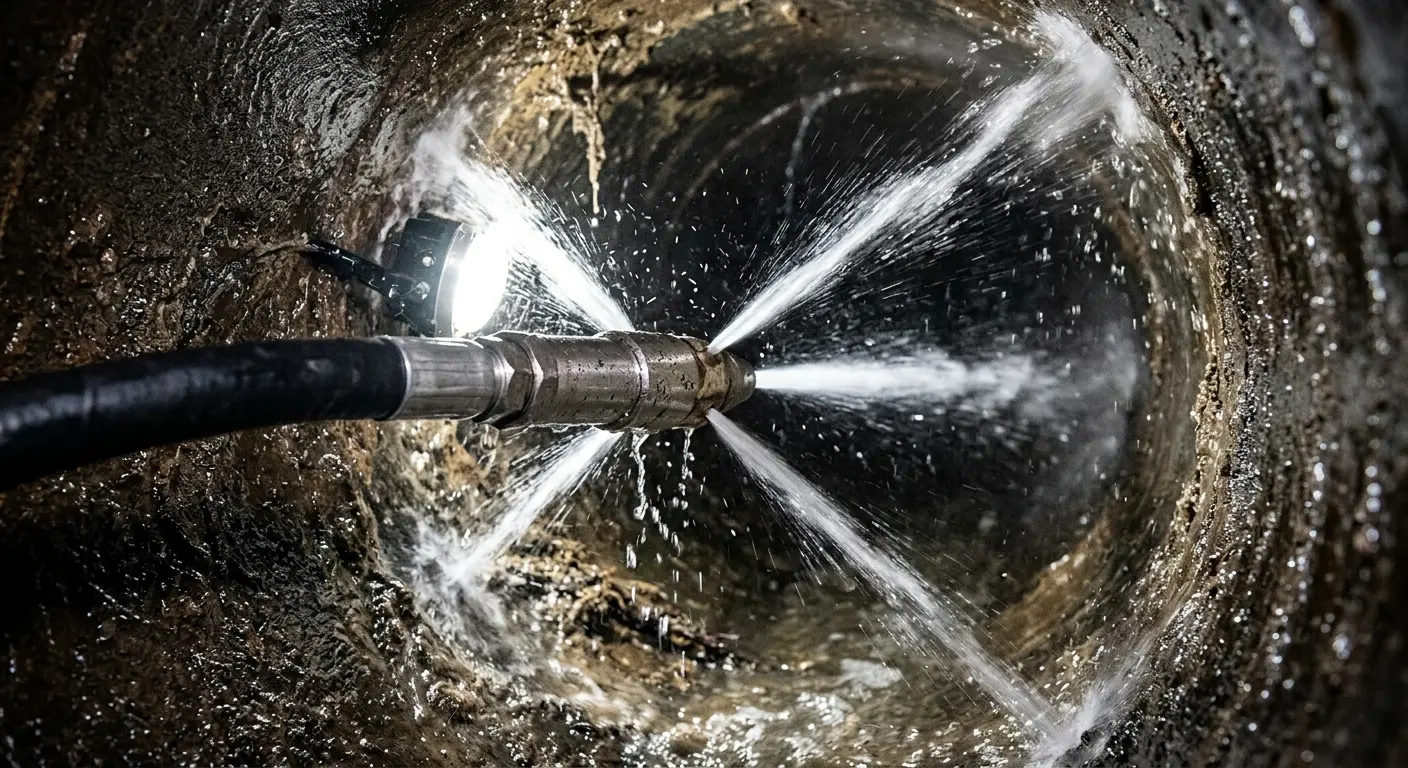 High-pressure hydro jetting nozzle cleaning sewer pipe for Trenchless Sewer Repair in Hamlet