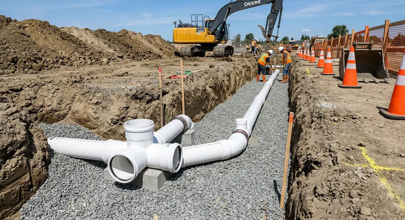 New PVC sewer pipe installation in open trench for Grease Trap Cleaning in Hamlet