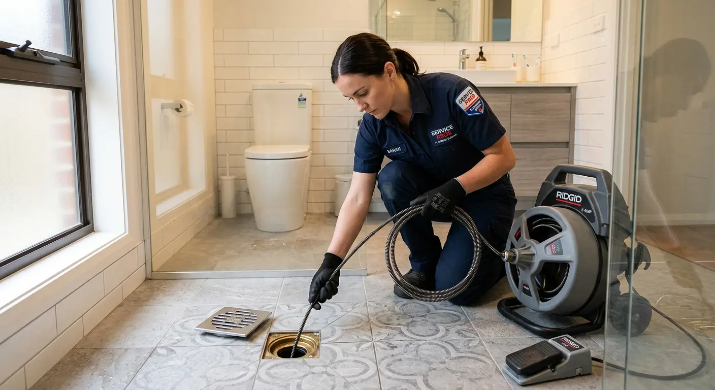 Technician clearing a bathroom floor drain for Sewer Line Installation in Hamlet